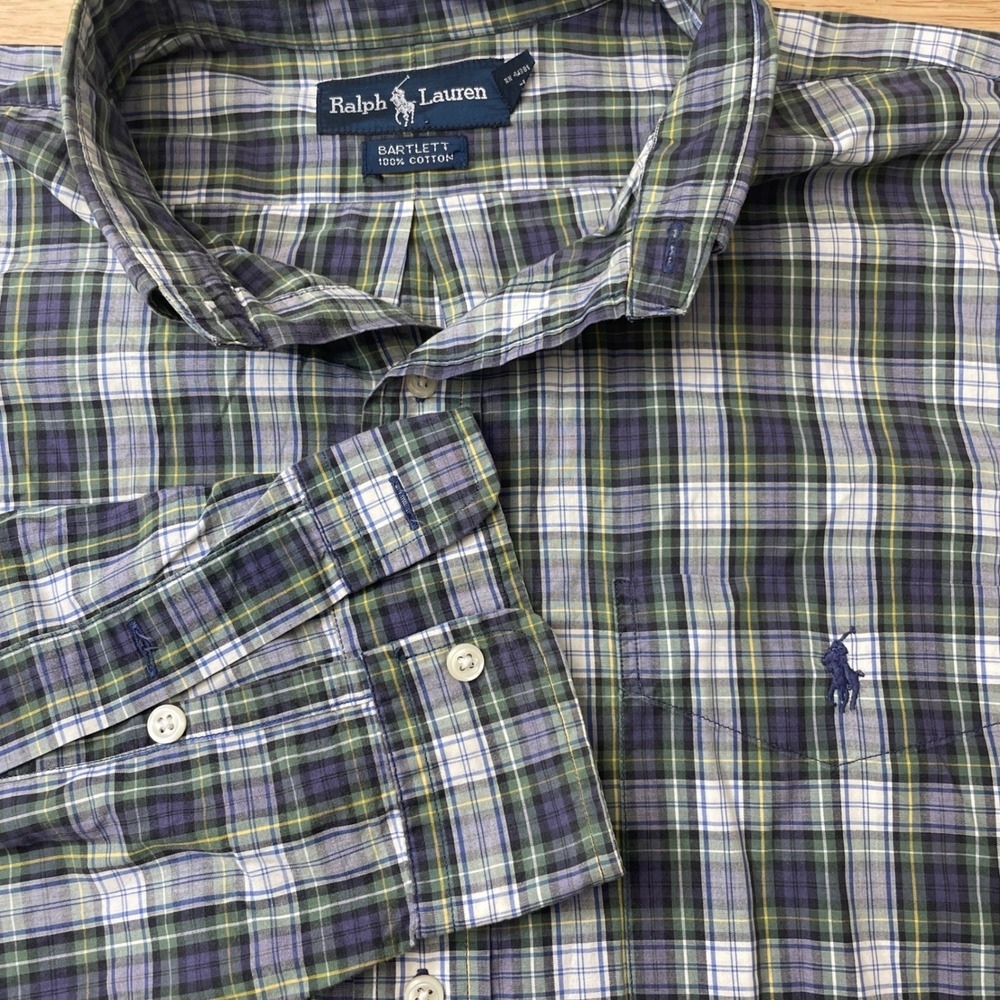 Ralph Lauren Bartlett Plaid Button Down Shirt XL Green Blue Cotton‎ Long Sleeve